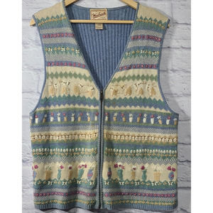 Woolrich Sweater Vest Women's Large Blue Beige Bees Flowers Cottage Grannycore
